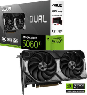 ASUS Dual GeForce RTX 5060 Ti OC Edition Graphics Card, 8GB GDDR7 128-Bit Memory, 2602 MHz Boost Clock, 28 Gbps Memory Speed, 4608 CUDA Cores, PCI Express 5.0 | 90YV0MP2-M0NA00