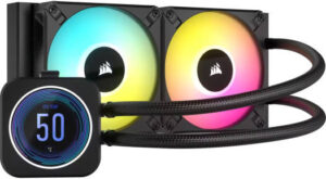 Corsair iCUE H100i ELITE LCD XT Liquid CPU Cooler, 240mm Radiator, 2.1" IPS LCD Display, 120mm AF RGB ELITE Fans, 65.57 CFM Airflow, 2100RPM Speed, Pump Head with RGB LED Ring, Black | CW-9060074-WW