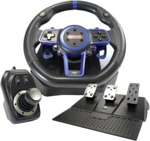 MEGACOM Megamax Wheel M111 Racing Steering Wheel 270°/900°, 10", Paddle Shifter, 3 Pedals, 6-Speed Shifter, Multi-Platform Compatible for PC, P4, P5, & Switch Console