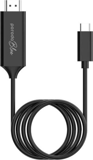 Porodo Blue Type-C To HDMI Ultra HD Cable, 2M Length 4K, 30Hz / 2K, 60Hz, High Grade Copper, Rapid Transimission - Black
