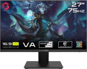 GAMEON 27" FHD Flat Gaming IPS Monitor, 75 Hz Refresh Rate, 1ms Response Time, Edge Lit LED, 16.7M Display Colors, 4000 1 Contrast Ratio, Fixed Stand, HDR, Low Blue Light, Black | GOE27FHD75VA