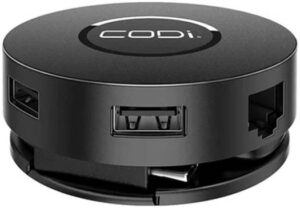 CODI 7 Port Mini USB-C Docking Station, Multi-screen Collaboration Mode, Transfer Speed up to 5 Gbps, Compact Cable Design, Multi-functional, USB-C PD Charging, Micro-SD Card, Black | A01058