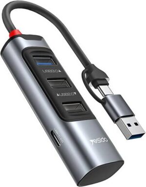 Yesido HB19 USB + Type C Hub Adapter, 5.0Gbps USB 3.0, Plug and Play, Up to 480Mbps Data Transmission Speed, HS8836 Chip, ABS + PC + Aluminum Alloy Material, Space Gray | HB19