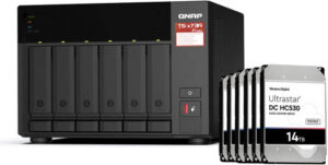 QNAP TS-673A 6-Bay 84 TB NAS with WD Ultrastar DC HC530 6 x14TB 3.5" HDD, AMD Ryzen V1000 4 CPU, 7200 rpm SATA III 6Gb/s,  8 GB DDR4 Memory, 2 PCIe Slot, USB 3.2 Gen 2 , 250W PSU