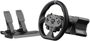 MOZA R5 Bundle, 5.5 Nm of Torque from Direct Drive Power, Aeroplane Grade Aluminum / Hand-made Stitch Leather / High-Strength Steel, Adjustable Spacing and Height, Black | R5 Bundle