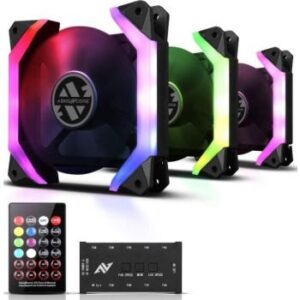 Abkon Core SP120 RGB Fans, 3-Pack Computer Fans, Unique Speaker Frame, ARGB 5V SYNC Motherboard / Remote Controller, Adjustable Fan Speed ​​and Color, Hydraulic Case Fan with Fan Hub | SP120