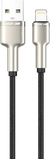 Green Lion USB-A to Lightning Head Braided Zinc Alloy 1m Cable, 480Mbps Transfer Speed, Fast Charge, +10000 Bends Lifespan, Compatible with iPhone - Black