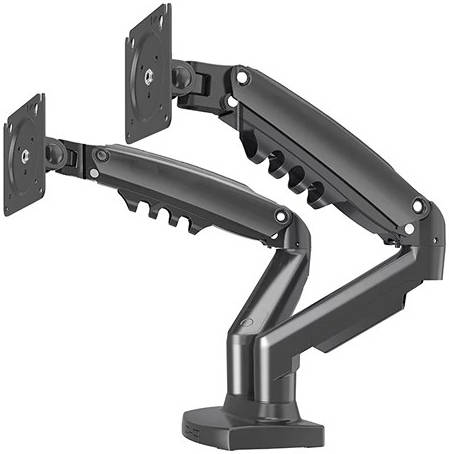 Skill Tech Premium Dual Monitor Mechanical Gas Spring Monitor Arm, 17" - 27" Screen Sizes, 9kg Weight Capacity, 360° Screen Rotation, Up to 2x Monitors, Clamp Mounting, Black | SH-F160
