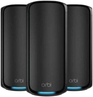 NETGEAR Orbi 970 Series Quad-band WiFi 7 Mesh, BE27000 Speed, Up to 6GHz Band, Up to 11,530 Mbps, 12 High-Performance Internal Antennas, Pack of 3, Black | RBE973SB