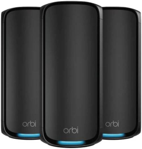 NETGEAR Orbi 970 Series Quad-band WiFi 7 Mesh, BE27000 Speed, Up to 6GHz Band, Up to 11,530 Mbps, 12 High-Performance Internal Antennas, Pack of 3, Black | RBE973SB