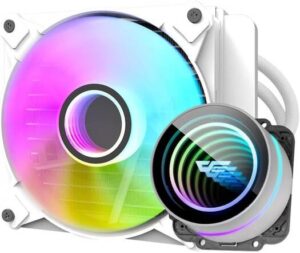 DarkFlash Twister DX120 V2.6 aRGB CPU Liquid Cooler, 120mm Radiator, 1800 RPM Fan Speed, 51 CFM Airflow, Low Noise 32dBA, Water Pump Infinity Mirror, Copper Bayswater Block, White | DX120-V2.6-White