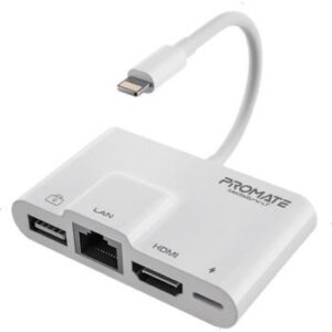 Promate 4-in-1 Multimedia Hub with Lightning Connector, 1080p 60Hz HDMI, 10/100Mbps | MediaSync-LT