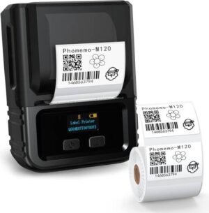 Phomemo M120 Label Maker- Barcode Printer Bluetooth Thermal Label Maker Machine 2 Inch 50mm Barcode Label Printer for Retail, QR Code, Small Business, Compatible with Android, iOS & PC, Black