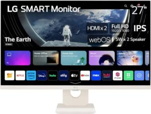 LG 27SR50F 27" Smart FHD IPS Monitor with webOS 23, HDR10, Screen Share, Wi-Fi / Bluetooth, 5Wx2 Stereo Speaker, Tilt Stand, Apple AirPlay 2 & HomeKit Compatibility, HDMI/USB Type-A, White | 27SR50F-W