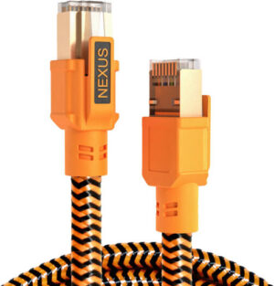 Nexus CAT8 SFTP Network Cable, 40 Gbps Transmission Speed, 2000Mhz Frequency, Full Bare Copper Conductor 23AWG, Weather Proof PVC Jacket, Braid Shield, 20M Cable Length, Black/Orange | 20MCAT8
