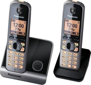 Panasonic TG6712U Cordles Phone, 1.8 Inch Amber Backlit LCD, Arabic & Farsi Languages Available, Nuisance Call Block, 2 AAA Batteries, Black | KX-TG6712UE1