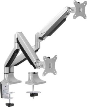 Skill Tech Premium Aluminum Gas Spring Monitor Mounting Arm Dual Heavy Duty Holds 13" to 32" Screens, Up to 19.8 lbs Each, VESA 75x75 or 100x100, Dual Desk Mount, Dual Sit/Stand Desk Mount