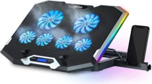 TopMate C11 Laptop Cooling Pad RGB Gaming Notebook Cooler, for 15.6-17.3"Laptops, Laptop Fan Stand, Adjustable Height with 6 Quiet Fans and Phone Holder, Computer Chill Mat, Black | C11-CA