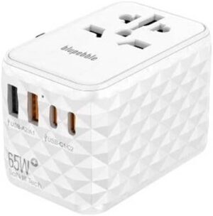 Blupebble Passport 2.1 World Travel Adapter with 2 USB-C + 2 USB-A ports, 65W PD Fast Charge and 60W QC 3.0 Charging Max for EU, UK, USA, AU, For Multi Countries, White | BP-TVL002D-WH