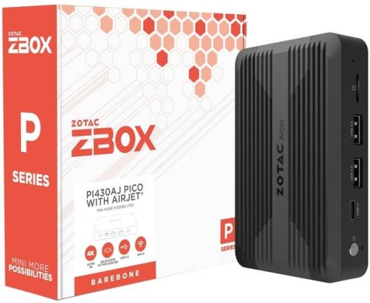 ZBOX Pico PI430AJ with AirJet Mini PC, Intel Core i3-N300, 8GB RAM, 512GB SSD, Up to 4k @ 60Hz Triple Display Ready, Wi-Fi 6 / BT 5.2 Connectivity, Black | ZBOX-PI430AJ-GLB-W4B/BE-W5B