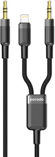 Porodo 2in1 Aux 3.5 to 3.5+Lighting Cable 1.2M, Audio Source, Tangle Free, 15000+ Bends Life Span, Aluminum + Braided Wire - Black