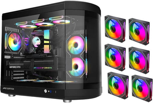 Tortox Vidrio ATX Full Tower Case, 6x Pre-Installed ARGB PWM Fans, Up to 360mm Radiator Support & 9x Fan Support, Semi Curved Tempered Glass, Dust Proof Filter, SPCC Material, Black | VIDRIOB