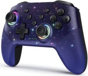 VOYEE Wireless Pro Controller Compatible with Switch Lite/OLED, Multi-Platform, Windows PC with 9 Colors Colorful RGB Lights, Programmable, Vibration, Turbo Wakeup, Blue Star Sky | S08