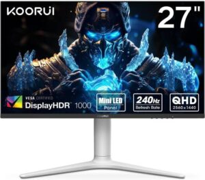 KOORUI GN10 Gaming Monitor, 27" QHD Mini-LED VA Display, 240Hz Refresh Rate, 1ms Response Time, Ergonomic Stand, HDR 1000, Crosshair Function, 1.07B Display Color, White | GN10