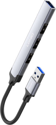 LDNIO DS-44U 4-in-1 Mini Converter Docking Station, USB A to USB 3.0 + 3x USB 2.0 Ports, 5Gbps Transmission Speed, Plug & Play, 0.12M Cable Length, Gray | DS-44U