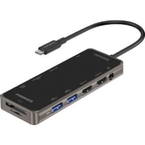 Promate Ultra Fast Multi Port 11 In 1 USB-C Hub, 100W Power Delivery, 4K HDMI / VGA / RJ45 Port, AUX, TF/SD Card Slot, 4 USB Ports for MacBook Pro, 5Gbps Data Transfer Rate | PrimeHub-Pro