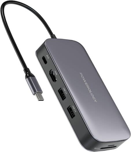 Powerology USB-C Hub & SSD Drive 256GB PD 100W, Powerology USB Hub Gray 625 MB/s, x1 USB-C Power Delivery, x1 Micro SD Card Slot, 4K at 60Hz HDMI, Gray | PWSDHB256