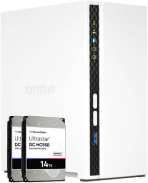 QNAP TS-233 2 Bay 28 TB Desktop NAS with 2 x 14TB Ultrastar (HGST) HC550 SATA 6Gb/s HDD, 2GB RAM On Board, 2 x 3.5 Inch SATA 6Gb/s Drive Bay, ARM Processor, Power, Gigabit Ethernet