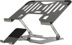 Porodo Smart Folding Multi-Device Stand With Phone Stand, Adjustable Height & Angle, Non-Slip & Secure, Sturdy & Portable, Compatible with 10"-17" Laptops & Tablets - Silver