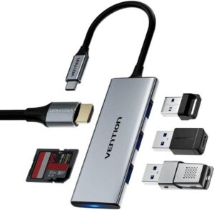 Vention 6-in-1 USB-C Docking Station, Ultra Slim Design, HDMI 4K @ 30Hz, USB 3.0 5 Gbps Transfer Speed, TF/SD Card Slot 256GB Capacity, Aluminum Alloy + PC Materials, 15cm Cable Length, Gray | TOOHB