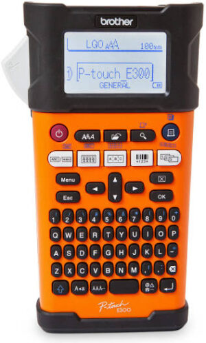 Brother PT-E300VP Handheld Electrical Specialist Label Printer, PC Style with Numeric keypad, 20 mm / sec Print Speed, 180 dpi, Manual Cutter, 15 Characters LCD Display, Orange- Black | PT-E300VP