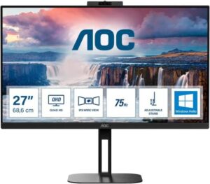 AOC Q27V5CW 27'' QHD IPS Flat Monitor, 75Hz Refresh Rate, 4ms Response Time, 16.7M Colors, 2560x1440 Resolution, WLED Backlight, 16:9 Aspect Ratio, 300nits Brightness, HDMI, USB-C, Black | Q27V5CW