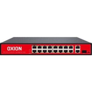 Oxion 16-Port PoE+2GE+1SFP Unmanaged Switch, With 250M Long Range, 2000Mbps Max Data Rate, 200W Output Power, Full Duplex Mode, Support Auto MDI/MDIX, Red / Black | OX-NPS518G