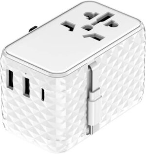 Powerology GaN Technology 20W PD Universal Adapter Retractable Type-C Cable, Built-In Safeguards, 0-60 In 30 Minutes, Simultaneous Charging, Includes Spare Fuse, Durable Quality, White