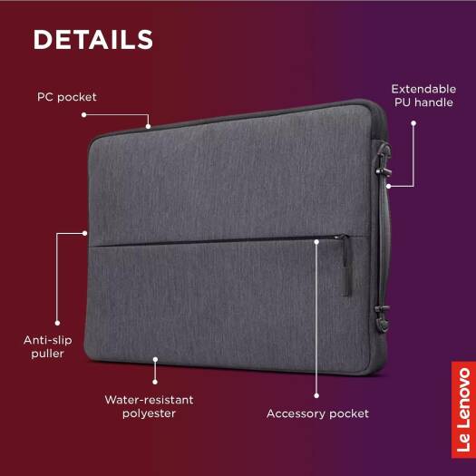 Lenovo Urban Laptop Sleeve for 13" Notebook, Water Resistant, Soft Padded Compartments, Accessory Storage, Reinforced Rubber Corners, Extendable Handle, GX40Z50940, Charcoal Grey - Image 4