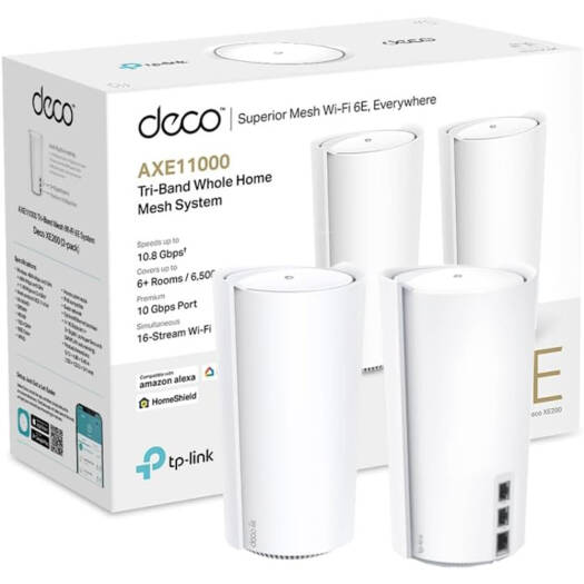 TP-Link Deco XE200 AXE11000 Whole Home Mesh Wi-Fi 6E System, Tri-Band Wi-Fi, Gigabit Ports, AI-Driven Mesh, Cover up to 6,500 ft, Connect up to 200 Devices, HomeShield, (2-Pack) | Deco XE200