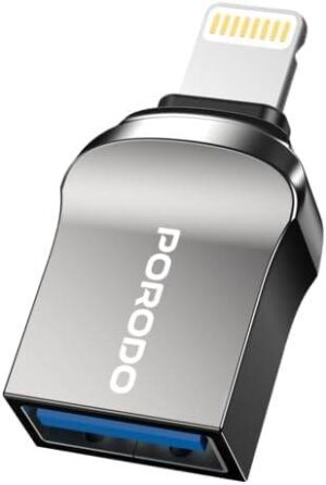Porodo USB-A to Lightning Head OTG Adaptor, USB 2.0, up to 480 Mbps Data Transfer Speed, Zinc Alloy Material, Plug & Play, Universal compatibility, Compact Design - Black