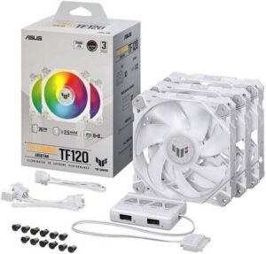 Asus TUF Gaming TF120 ARGB Case Fan, Aura Sync Compatibility, 12cm Fan Diameter, 1900RPM Max Rotation Speed, 76 CFM Max Airflow, 29 dB Noise Level, White Edition, Triple Pack | 90DA0033-B09030