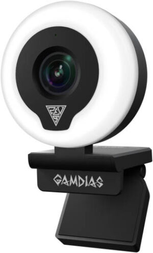 GAMDIAS IRIS M1 FHD 1080p / 60 FPS Streaming Webcam, Rapid Autofocus, Adjustable Ring Light, 3-level Color Temperature & Brightness, Near-Zero Distortion Lens, White-Black | GD-IRIS-M1