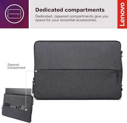Lenovo Urban Laptop Sleeve for 13" Notebook, Water Resistant, Soft Padded Compartments, Accessory Storage, Reinforced Rubber Corners, Extendable Handle, GX40Z50940, Charcoal Grey - Image 5
