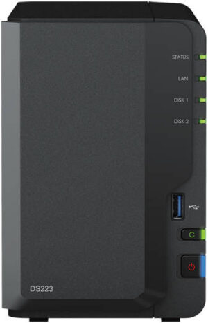 Synology DiskStation DS223 2-Bay NAS Enclosure, Realtek RTD1619B 1.7Ghz, 2 GB DDR4 non-ECC Memory, 2x 3.5"/2.5" SATA Drive Bays, RJ45 LAN Port, 3x USB 3.2 Ports, Black | DS223