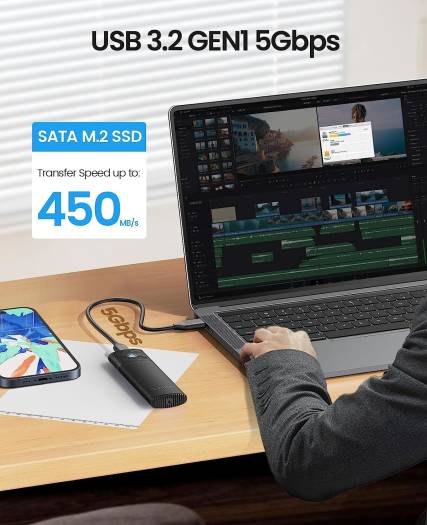 ORICO Aluminum M.2 SATA SSD Enclosure, Tool-Free 5Gbps USB-C Adapter, USB 3.2 M.2 SATA Reader, For 4TB 2230/2242 /2260/2280 SATA-Based B-Key/B+M-Key SSDs, Black | PWM2-BK-EP - Image 2