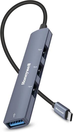 Honeywell 4in1 Ultra Slim Multiport Type C Hub to 1xUSB 3.0 & 3xUSB 2.0 Ports,30cms(1 feet) Cable,DataTransfer Speed Upto 5GBPS,Universally Compatible | HC000016/LAP/PH/4U