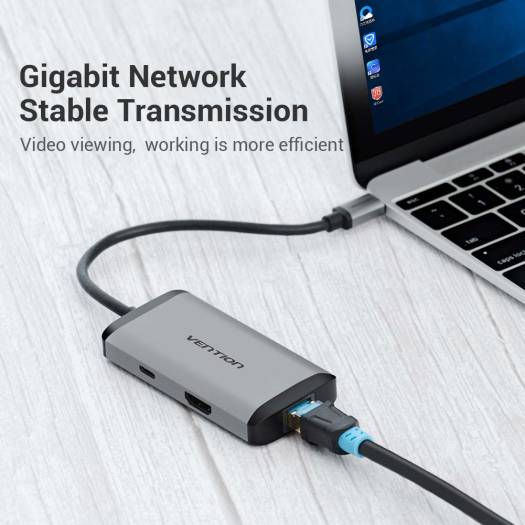 Vention Type-C to HDMI / USB3.0*3 / RJ45 PD Converter, 4K 30Hz Resolution, Nickel Plated, 30AWG+24AWG, 0.15M Length, Gray | CNCHB - Image 5