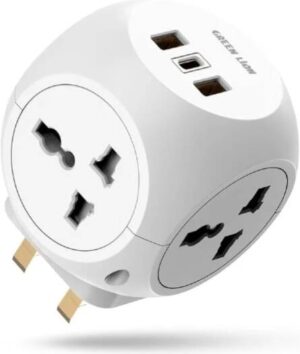 Green Lion Multi Port Travel Adapter, 4 Multi Plugs, Safety Shutters, Short Circuit Protection, Brass Conductor, 2 USB-A Ports, 1 Type-C Port, Compact & Lightweight - White