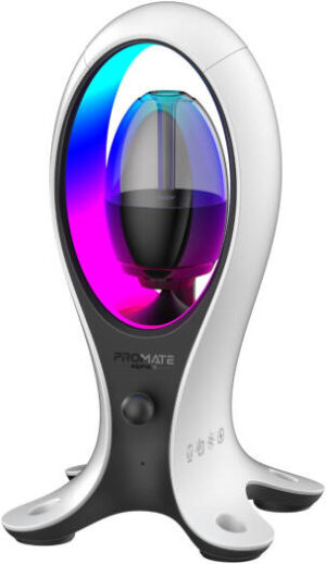 Promate Alpha-X Dynamic High Fidelity Dual Mode RGB Speaker w/ Headphone Stand & USB Hub, Fast 7.5W USB-C Input, Customizable RGB Lighting, White | ALPHAX